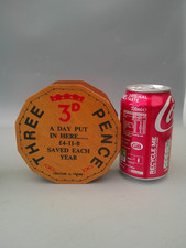 Vintage Old Three pence shape balsa wood money box  Weston super mare souvenir