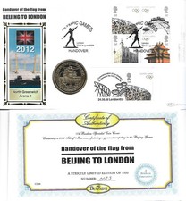 2008 BENHAM BEIJING TO LONDON HANDOVER FDC WITH 2008 ISLE OF MAN CROWN COIN 0023