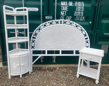 White Wicker Cane Bedroom Furniture Set Headboard Corner Shelves Bedside Table