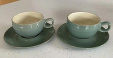 PAIR OF DENBY MANOR GREEN STONEWARE  CUP AND SAUCERS