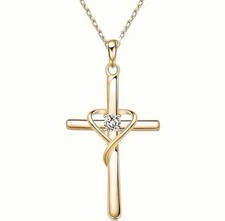 Gold cross heart sunflower pendant necklace with clear crystals 35cm chain