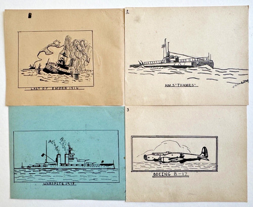 Set antique ww2 ink drawings - set,