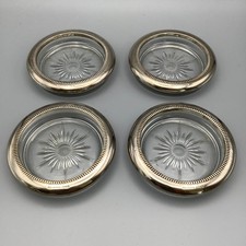 Vintage set of 4 Starburst Glass Coasters silver plated