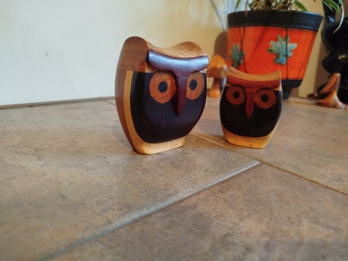Handcrafted pair wooden owl - pair, of