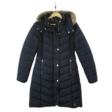 Joules Quilted Jacket UK 10 Blue Womenswear Faux Fur Hood Winter - Preloved
