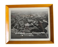 Vintage Aerial Black White Photograph Marina Harbor Town Boats Framed Photo