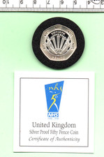 1998 N.H.S. 50th ANNIVERSARY 92.50% STERLING SILVER BOXED 50p (HS-214)
