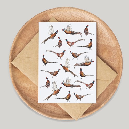 Pheasants card hand drawn - card, by