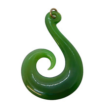 9ct Gold Maori Carved Nephrite Jade 'hei matau' Fish Hook Pendant Antique c1930