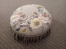 Antique/Vintage ? Embridered Circular Footstool Decorated With Flowers & Tassles