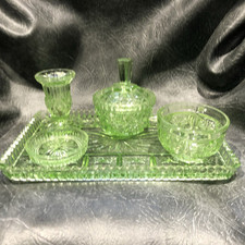 VINTAGE Deco Green Glass Vanity Set Retro Dressing Table Set Crystal Design