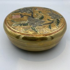 Vintage 5" Round Brass Enamel Trinket Box Dish 2pc Set Flowers. 