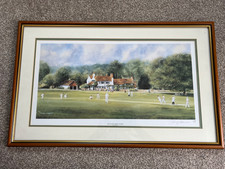 large signed framed print terry harrison " the village green tilford " cricket