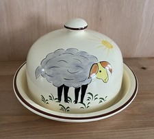 Domed Cheese Dish Made In Portugal Hand Painted Sheep Tableware Server