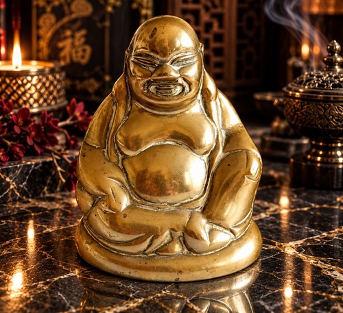 Vintage brass laughing buddha - brass,