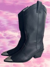 ZARA Black Faux Leather Cowboy Calf Boots NEW Metal Toe Cap Western EU40