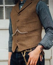 Mens Vintage Tweed Waistcoat Vest Cowboy Wool Herringbone Vests M L XL XXL 3XL