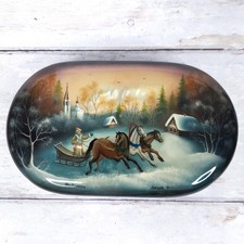 Vintage Fedoskino Russian Lacquer Trinket Box Pearl Hand Painted Winter Scene