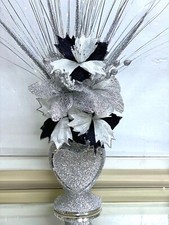 Crushed Diamond Vase With Flowers Heart Silver Mosaic Romany Glitter Bling 30 cm