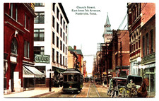 Postcard Nashville Tenn. Church St. Trollies Cars Horse Buggies Drugs Cigars A65