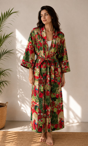 Red floral cotton kimono - kimono, robe