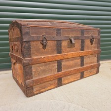 Antique Domed Steamer Pirate Travel Trunk Chest Coffer Metal Banded Worn Prop