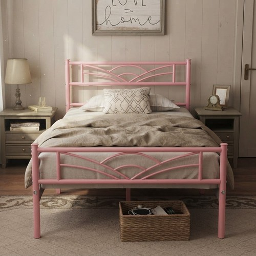 Pink metal bed frame - bed,