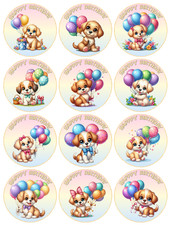 12 or 24 x Puppies & Balloons, Non-Personalised, Edible Cupcake Toppers, Puppy