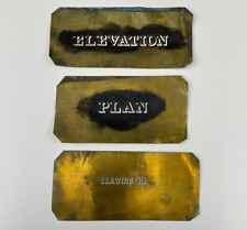 JOB LOT 3 X ANTIQUE VICTORIAN BRASS ARCHITECTS PLAN DRAWING PLATES WORD STENCILS