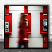 Red Phone Booth Blur Woman Red Coat Square Wall Art Print