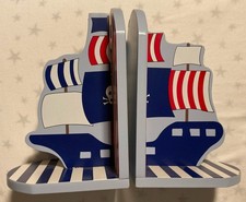 Children's Wooden Bookends - Pirate Ship Theme - Blue Red - Kids Room Decor