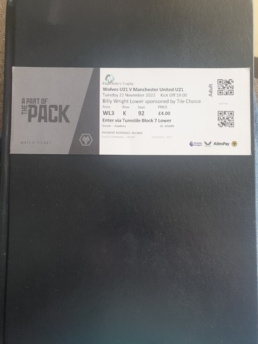 Ticket stub for wolves u21 - wolves, v