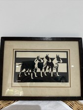 Antique Framed Wood Cut Print English Bull Terriers Initialled JM And Signed