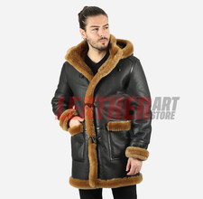 IVAR Men's Real Sheepskin Duffle Coat Shearling Fur Hooded Coat