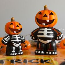  LED Halloween Skeleton Trick Or Treat 2 PC Ceramic Pumpkin Flashing Lights 