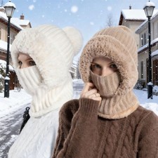 Winter Warm Fluffy One-Piece Face Mask Neck Scarf Knit Hat for Men Women