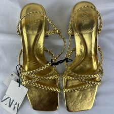 ZARA Ladies Gold Leather Slingback Strappy Block Heel Sandals EU 36 UK 3 US 6