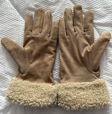 WOMENS TAN FAUX SUEDE GLOVES WITH FAUX FUR CUFF FLEECE INTERIOR - M&S SIZE LARGE
