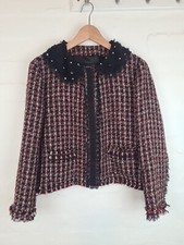 ZARA Tweed Boucle Lace Jewel Bead Check Jacket Blazer Black Red White Size XL