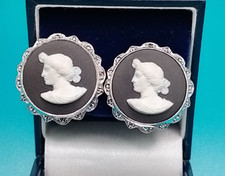 STERLING SILVER (925) VINTAGE WEDGWOOD BLACK JASPER WARE CLIP ON EARRINGS