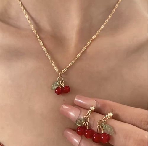 Cherry red necklace earring - cherry,