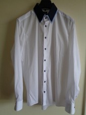 OLYMP LEVEL FIVE MEN'S WHITE COTTON SHIRT WITH BLUE COLLAR - SIZE 16.5