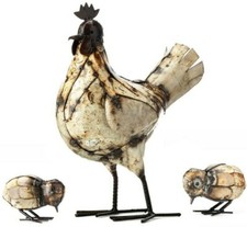 Metal Hen & Chick Garden Ornament Sculpture Art - Handmade Recycled Metal Bird