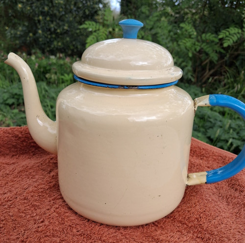 Vintage enamel teapot cream - teapot,, &