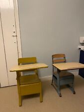 Retro Antique School desk and chair. Wooden Tops With Iron Frame. x2.
