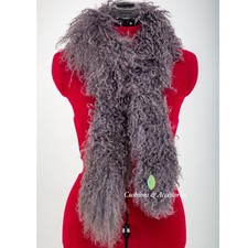 LADIES GENUINE REAL MONGOLIAN SHEEPSKIN LAMB FUR LONG CURLY SCARF BOA - GREY