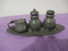 Vintage Abbey Hand Hammered Pewter Salt & Pepper Shakers Cruet Set with tray