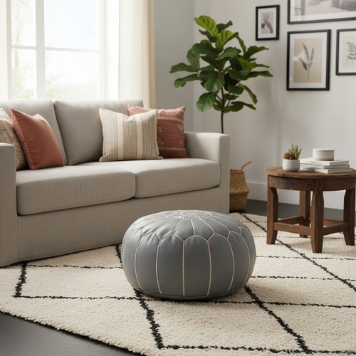 Prefilled brown leather pouf - prefilled,