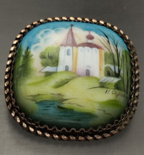 Antique Painted Enamel Fairy Castle Russian Brooch Circa 1920 Artist Signed