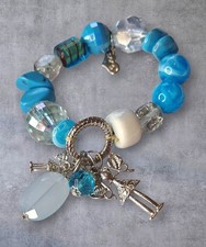 Boho Sara  Festival Chunky Blue Beaded Charm Bracelet – Angel Fairy & SOS Heart